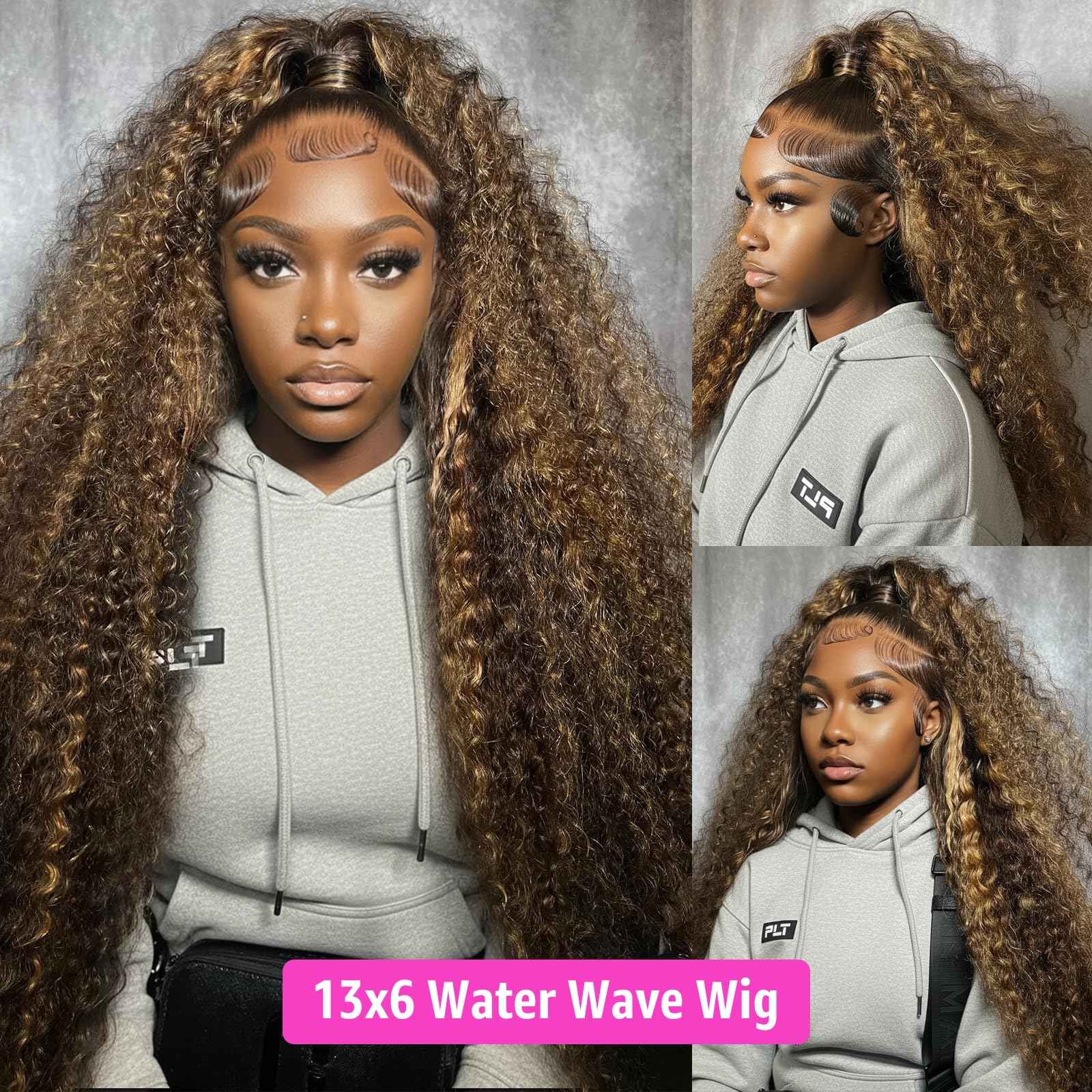 Jilho Water Wave Lace Front Wigs Human Hair 13x6 Ombre Honey Blonde Frontal Wig 200 Density P4/27 Highlight Colored Curly Wet and Wavy Lace Front Wigs Glueless Pre Plucked with Baby Hair (22 Inch)