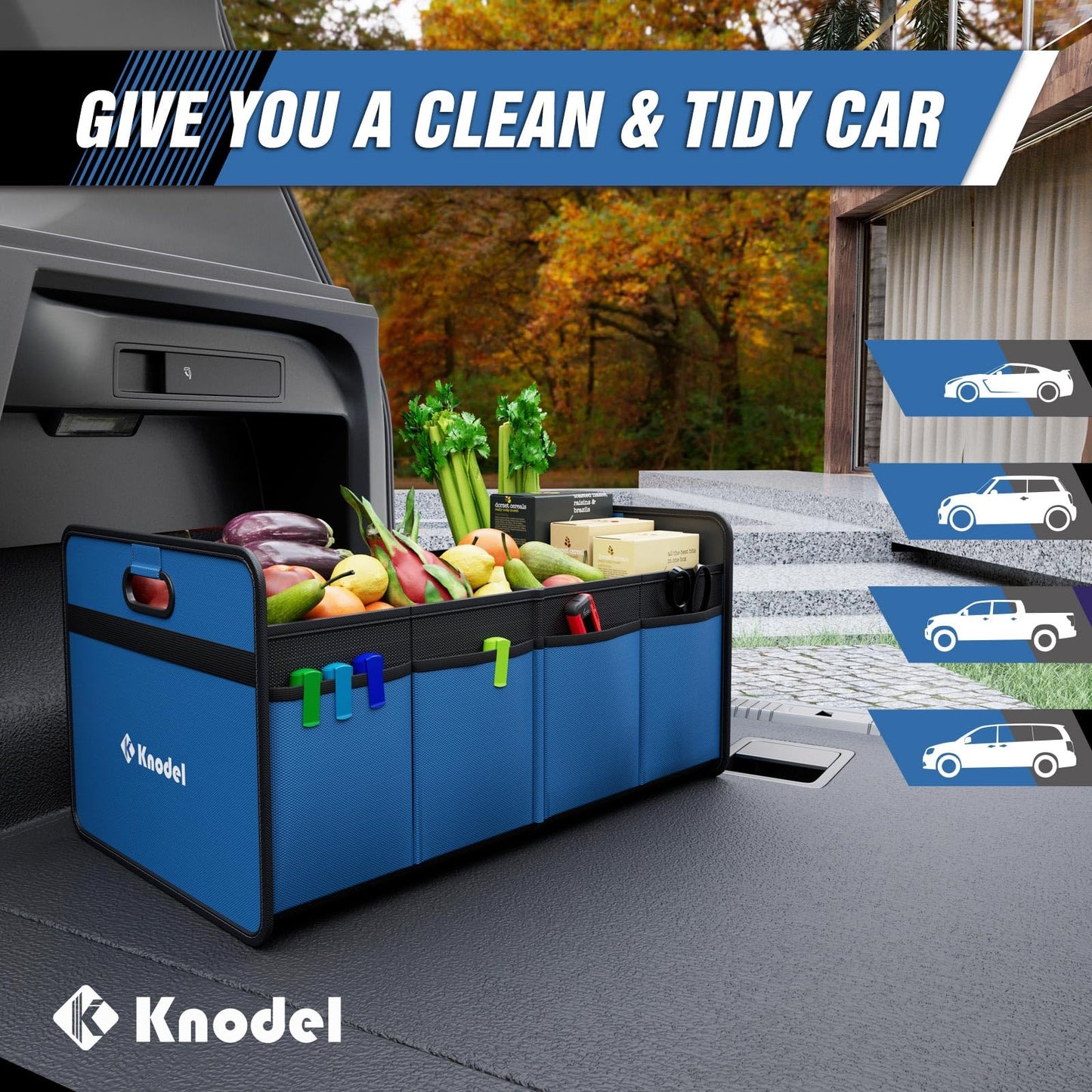 K KNODEL Car Trunk Organizer, Foldable Organizer for Car, Automotive Consoles & Organizers, Storage with Reinforced Handles (Small, Blue)