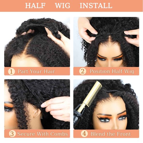 Domiso Afro Kinky Curly Half Wig Human Hair Seamless Kinky Curly 3 In 1 Half Wig Flip Over Beginner Friendly Glueless Wear & Go Drawstring Heandband Clip in Wig No Sew In Black Color 20 Inch