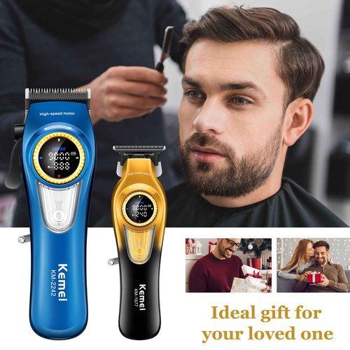 KEMEI Professional Hair Clippers for Men, Cordless Barber Clippers with LED Display and Charging Base, T-Blade Hair Trimmer, KM-2242 Blue, KM-1677