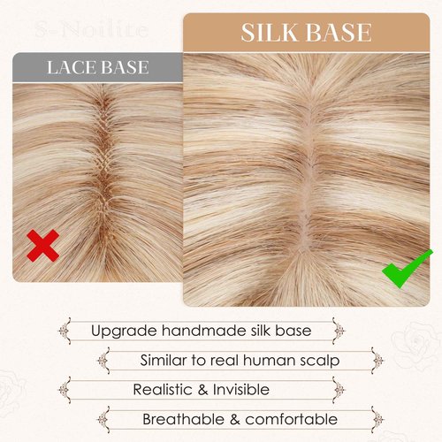 S-noilite Human Hair Toppers for Women with Bangs 100% Real Human Hairpiece 5"x3" Clip in Silk Base Topper Piece Cover Thinning Fine Hair 8 inch Golden Brown Highlighted Blonde