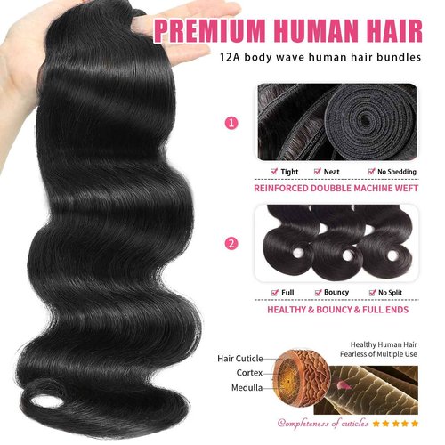 Body Wave Human Hair Bundles 20 20 20 Inch Body Wave Bundles Human Hair 100% Unprocessed 12A Brazilian Raw Virgin Hair Weft 3 Bundle Deal Real Human Hair Extensions Natural Color
