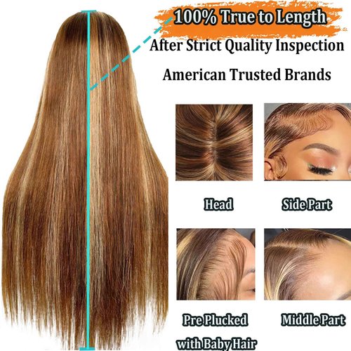 Kysonty 24 Inch Honey Blonde Ombre Lace Front Wig, Human Hair, Highlight, Straight, 180 Density, Glueless, 13x6 HD Lace Frontal Wig for Black Women, Pre-Plucked With Baby Hair, 4/27 Colored