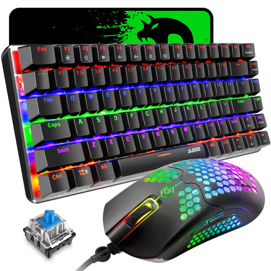 ZIYOUANG AK33 Mechanical Gaming Keyboard, Rainbow LED Backlit, 12K DPI Ultralight Gaming Mouse, Large Mouse Pad, 3 in 1 Value Combo Set (Black)