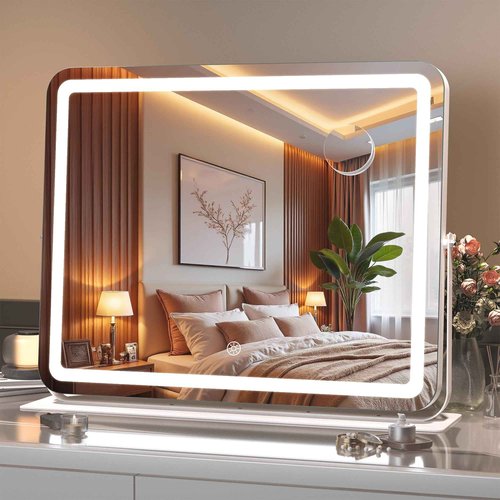 MINISO Vanity Mirror with Lights, 20" x 16" LED Makeup Mirror, Light & Brightness Adjustment, Smart Sensor, 360°Rotation, Aluminum Alloy Metal White Frame, with 10X Magnifying Glass