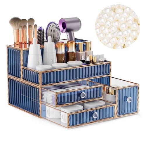 Youdepot Makeup Organizer Blue - Tempered Glass Vanity Organizer for Cosmetics, Skincare, Hair Tools, Brushes, Perfume - Multipurpose Bathroom Counter Skincare Organizer