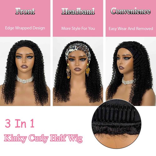 Lametope Glueless Half Wig Human Hair Kinky Curly 200 Density 3 In 1 Seamless Flip Over Drastring Half Wig Human Hair for Beginner Kinky Curly Human Hair Headband Wig for Women （16 Inch）