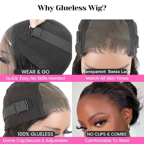 ISEE Wear and Go Glueless Wigs Bob Wigs Human Hair Pre Plucked Water Wave Lace Front Wigs Human Hair Upgraded No Glue Transparent Lace Closure Wigs Human Hair for Women Natural Black 16 Inch