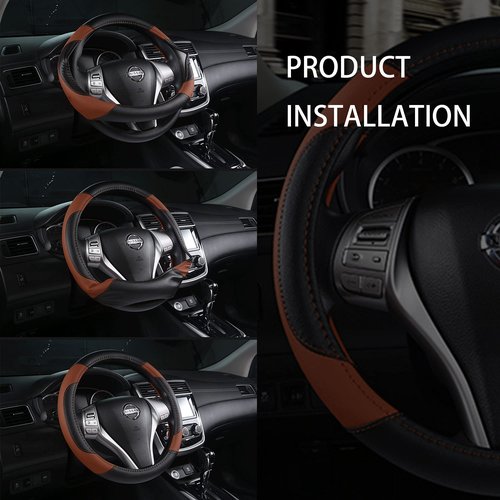 Leather Car Steering Wheel Cover, Non-Slip Car Wheel Cover Protector Breathable Microfiber Leather Universal Fit for Most Cars(Brown)
