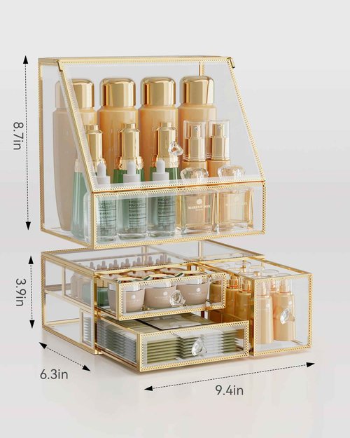 CoralHouse Makeup Organizer for Vanity, Clear Makeup Organizer with Drawer, Skincare Holder for Bathroom Countertop,Cosmetic Display Case for Dresser