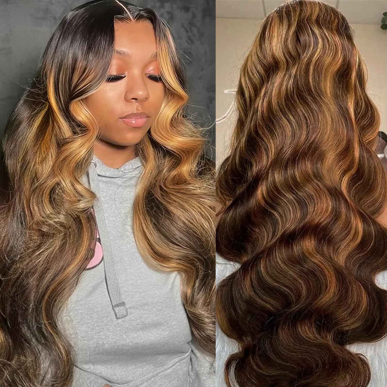 Linrkeyy Ombre Lace Front Wig Human Hair 13x6 Honey Blonde Wigs Human Hair Body Wave 180% Density Glueless Highlight 4/27 Colored Wigs Human Hair Pre Plucked with Bady Hair 20 Inch