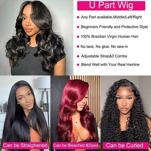 BYYASAA U Part Human Hair Wig Body Wave U Part Wig Human Hair for Black Women Glueless Wigs Human Hair Clip Natural Hair Wig Beginner Friendly Middle Part 180% Density 22inch