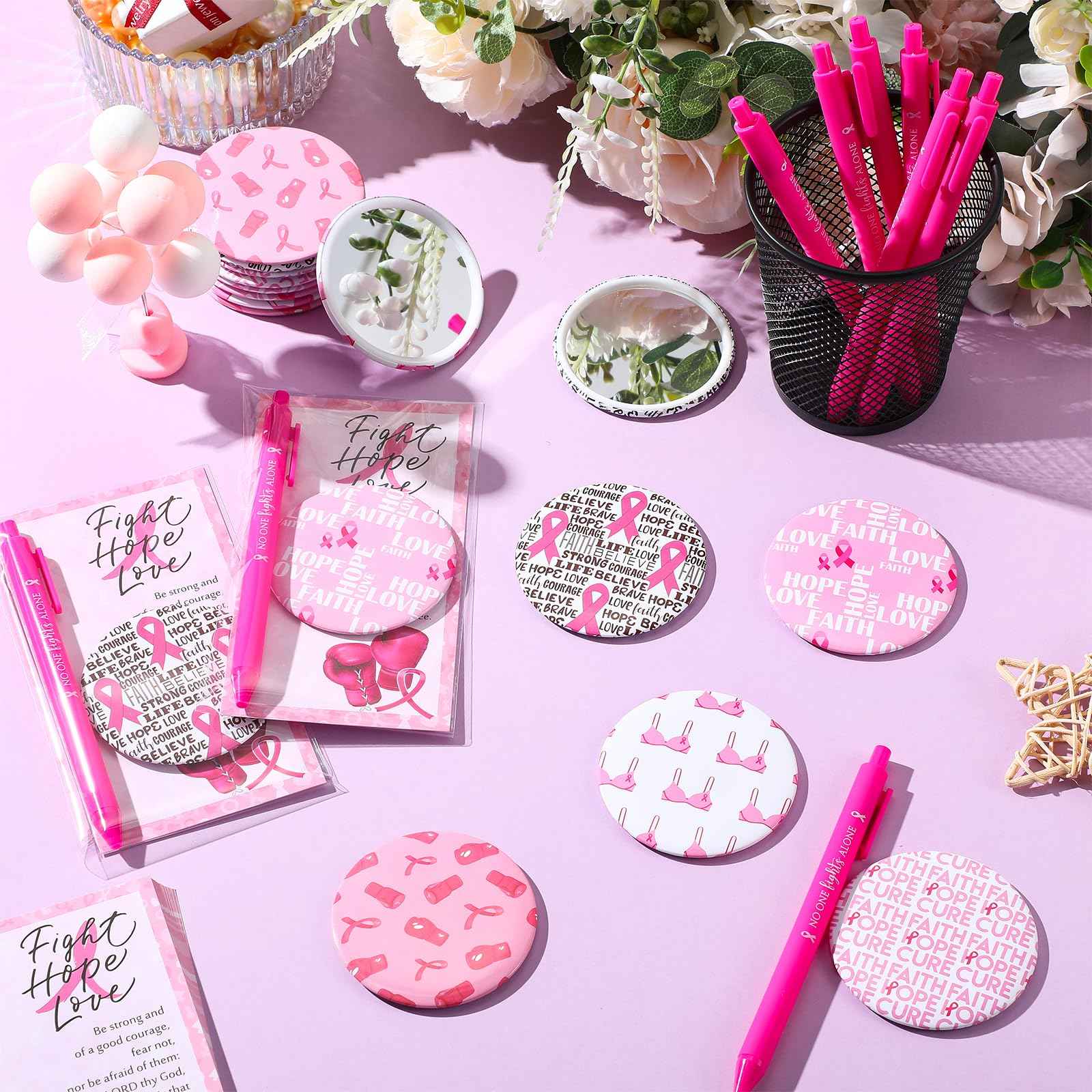 Pinkunn 100 Sets Breast Cancer Awareness Accessories Bulk Breast Cancer Gift for Women Compact Mirrors with Pink Ribbon Boxing Glove Design, Ballpoint Pens, Motivational Cards Charity Party Favors
