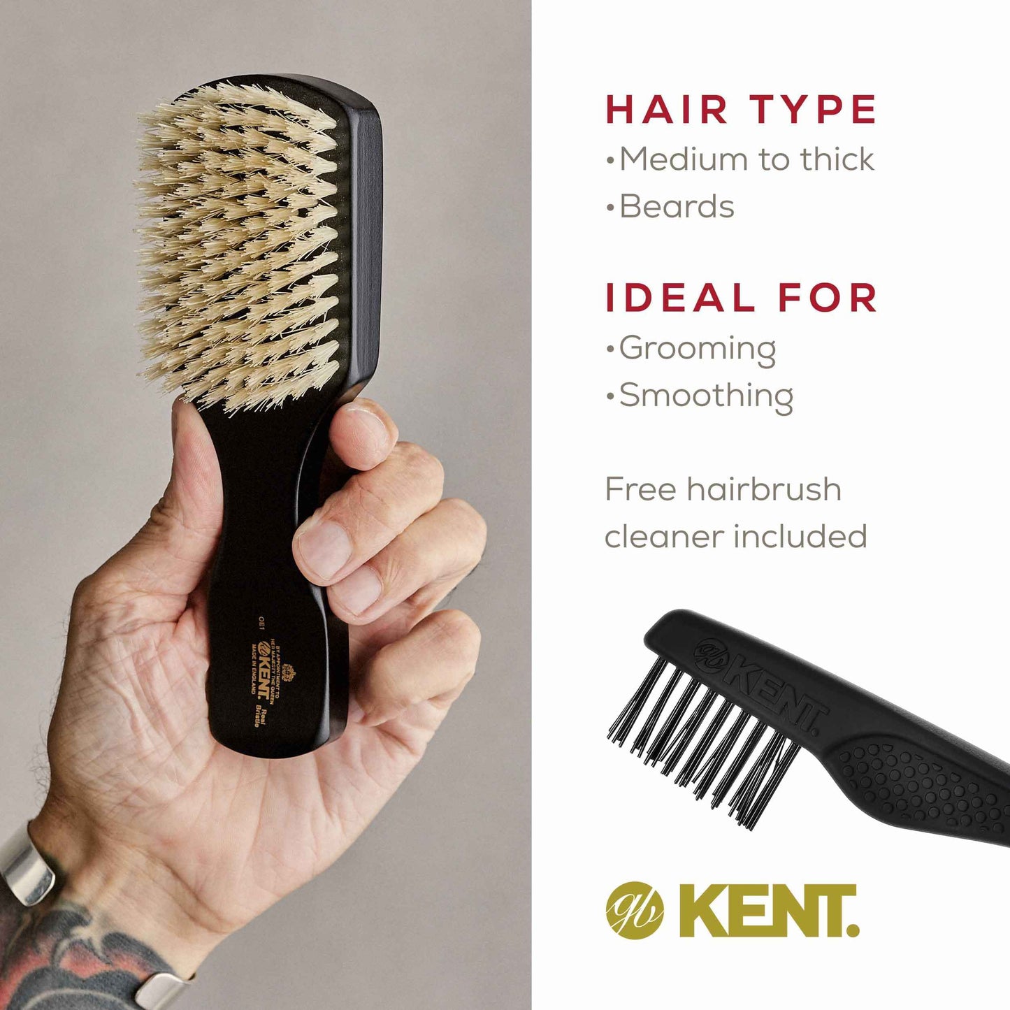 Kent OE1 Boar Bristle Club Brush, Travel Size Natural Boar Bristle Hair Brush for Men Wave Brush for Hair and Beard, Ebony Wood Finest Mens Kent Brush