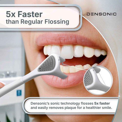 DENSONIC Electric Flosser Kit with Tongue Scraper | No Water, No Mess | Easy Gliding Dental Floss for Gentle Gum Care | Cordless Sonic Power | 50 Replaceable Heads [Celeste Blue]