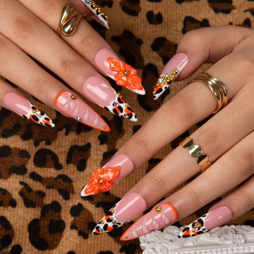 LOVFUL Press on Nails Tropical Sunset | Handmade with Full Covered Crystals | Reusable Full Cover Nails | Stiletto Classic Regular 1.3 in | H374-L