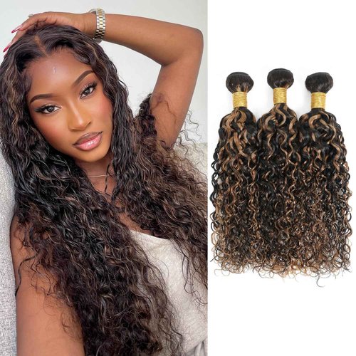 Anmetan Highlight F1B30 Honey Blonde Brown Curly Bundles Water Wave Human Hair, Thick 12A Black with Brown Highlight Unprocessed Human Hair Wet and Wavy 3 Bundles Wavy 10/12/14 In