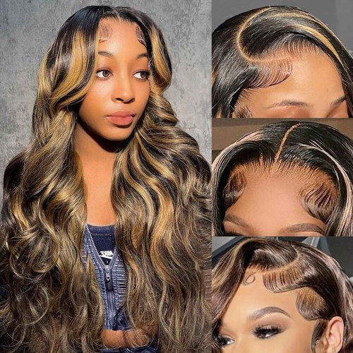 PDTBO Ombre Lace Front Wig Human Hair Pre Plucked 24 Inch Body Wave 1B/27 Highlight Lace Front Wig Human Hair 180% Density Colored 13x4 HD Lace Frontal Glueless Wigs For Black Women
