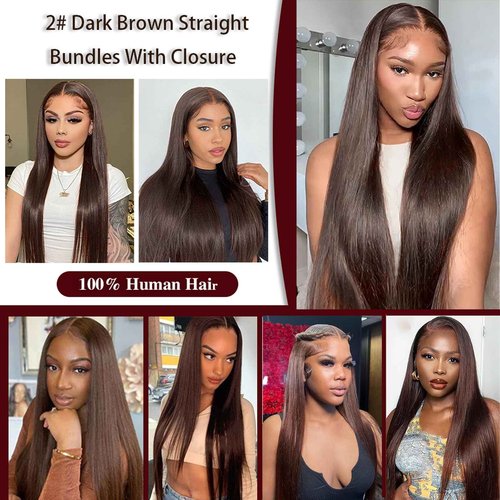 Brown Human Hair Bundles with Closure(12 14 16 with 12 Free) Straight Human Hair 3 Bundles with 4x4 Lace Closure Double Machin Weft Straight Chocolate Brown Human hair