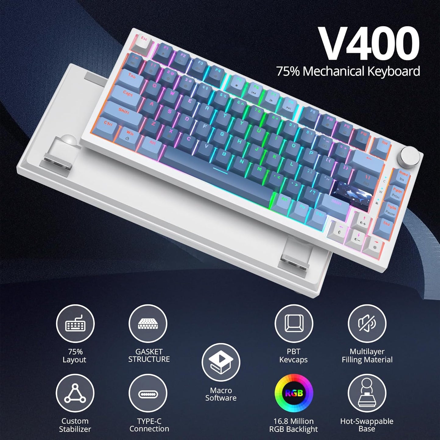 75% TKL Wired Mechanical Keyboard,RGB Backlit Gasket Mount 82 Key Hot Swappable Custom Linear Red Switch Gaming Keyboard with Volume Knob & PBT Keycaps (82 White Earth)