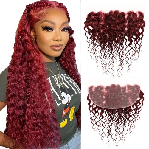 ALHER 99j Dark Burgundy Water Wave 13x6 HD Lace Frontal, 100% Unprocessed Virgin Remy Hair Pre Plucked With Baby Hair 12A Cherry Red Wine Color Wet n Wavy Curly Ear to Ear 13X6 Frontal Closure 16 Inch