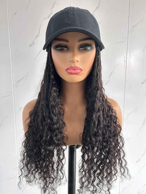 Hats Bohemian Crochet Boho Box with Human Hair Curly Ends Braids Hair Extensions Baseball Cap Wig With Braided Hair Cap Wig For Women Natural Color