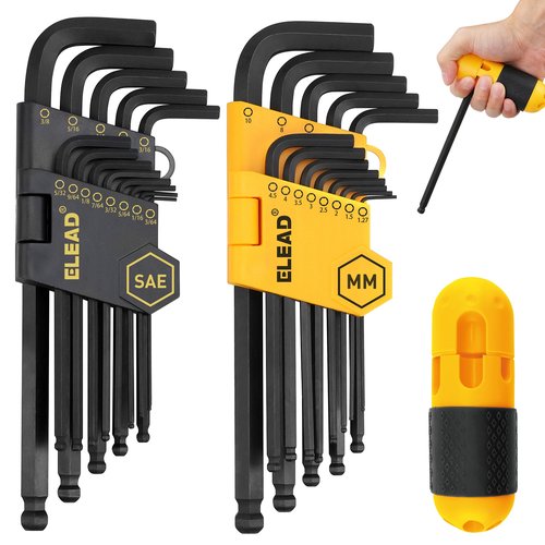 ELEAD Allen Wrench Hex Key Set: Premium 27pcs Durable Hex Key Set with Grip Handle, Long and Short Arm with Ball End, Metric & SAE Size Allen Key Set, Organized Storage