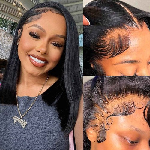 Hihmarm 13x4 HD Lace Front Wigs Human Hair Pre Plucked Bob Wig Human Hair Glueless Wigs For Black Women 180 Density Straight Frontal Wigs Black Wig Human Hair Nature Hairline (Black, 16 Inch)