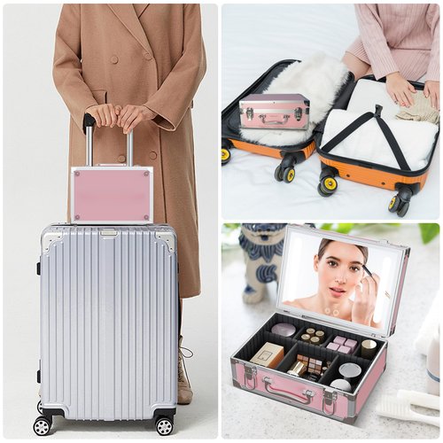 Cybergiant Travel Makeup Case with LED Mirror - Hard Shell Pink Travel Makeup Bag with Mirror - Portable Makeup Organizer with Mirror, Vanity Case for Cosmetics, Adjustable Divider