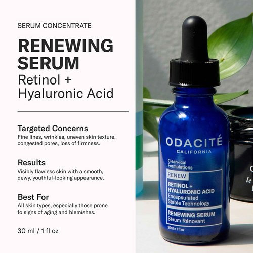 Odacite Renewing Retinol & Hyaluronic Acid Facial Serum - Anti-Aging Face Serum Targets Fine lines, Blemishes & Wrinkles - Squalane, Vitamin E & Rose Floral Water for Smooth Skin - 1 Fl Oz