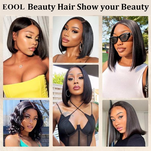 eool 9X6 Glueless Bob Wigs Human Hair Pre Plucked Pre Cut,Short Straight Bob Wigs for Black Women HD Transparent Glueless Lace Front Wigs Human Hair 200% Density 12 Inch
