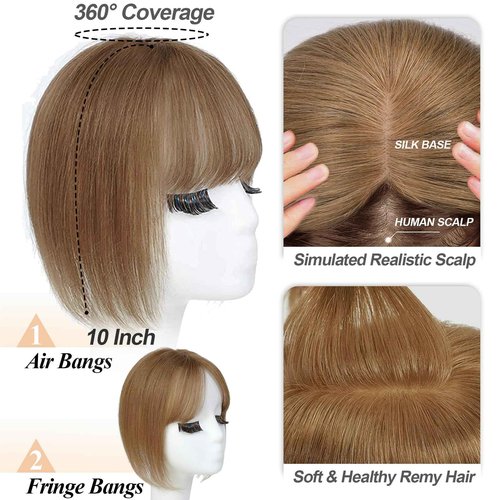 JGS1996 Hair Toppers for Women Real Human Hair Topper with Bangs Hair Clip in Wiglets Hairpieces 3.9x4.7 Silk Base Wig Toppers for Thinning Hair 150% Density Remy Hair Pieces #6 Light Brown