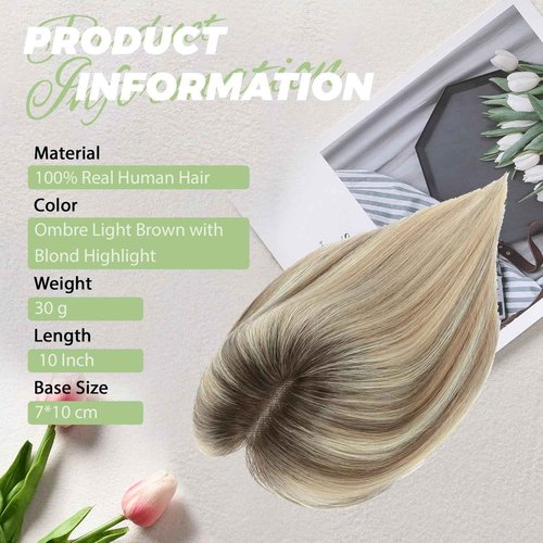 BUTYWAY Hair Toppers for Women Real Human Hair 10Inch Human Hair Topper 7x10CM Swiss Base Middle Part Clip in Topper Hairr Pieces for Women Ombre Light Brown with Blond