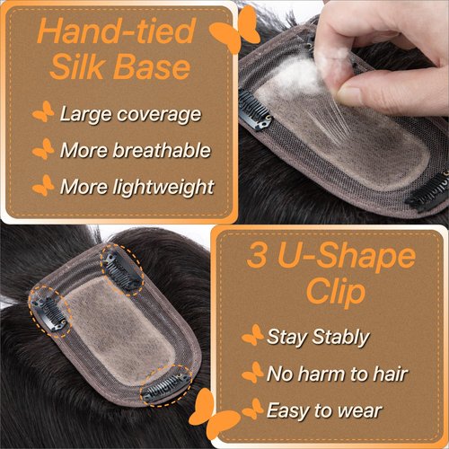 TESSHAIR Human Hair Toppers for Women, 150% Density Hair Topper with Bang, No Tangle & Smooth, Upgrade 7x13cm Silk Base, 12 Inch #1B Natural Black