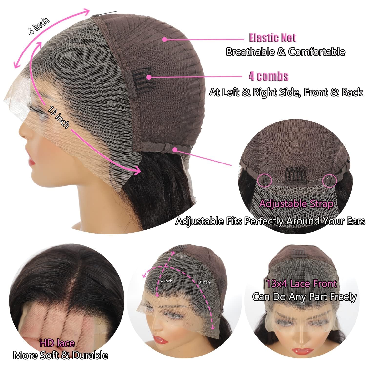 GIESWY Deep Wave Lace Front Wigs Human Hair 13x4 HD Transparent Lace Frontal Glueless Wigs for Women, Natural Black, 16 inch