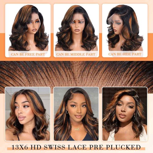 Afribye 13x6 Highlight Body Wave Lace Front Wigs Human Hair 200% Density FB/30 Ombre Frontal Wigs Human Hair Pre Plucked Short Wigs for Black Women Glueless Balayage HD Lace Wig Loose Wavy 14 inch