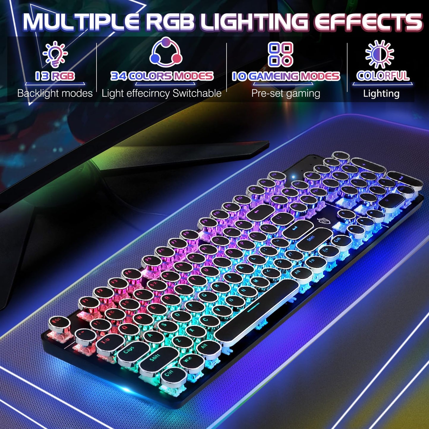 YSCP Typewriter Style Mechanical Gaming Keyboard RGB Backlit Wired with Blue Switch Retro Round Keycap 104 Keys Keyboard Compatible with Laptops/Chromebook/Desktop (Black 104 Keys RGB)
