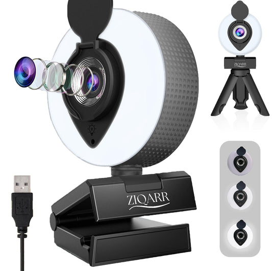 Ziqarr FHD 1080p All-in-One Webcam with Light and with Built-in Noise Reduction Microphone, Privacy Cover, Mini-Tripod and 110° Field of View for Streaming, Conferencing, Meetings and Gaming