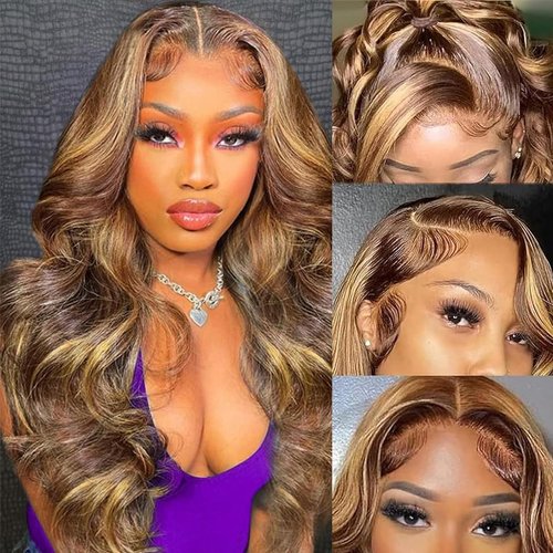 GAOYIFU Highlight Ombre Lace Front Wig Human Hair Honey Blonde 13x6 HD Body Wave Lace Front Wigs Human Hair Pre Plucked 180 Density 4/27 Frontal Glueless Highlighted Wig for Black Women 20 Inch