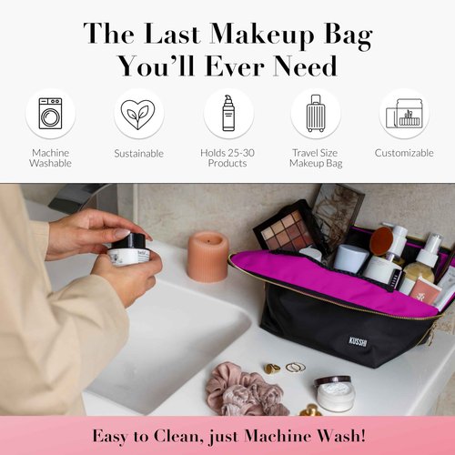 KUSSHI Washable Travel Makeup & Cosmetic Bag - Brush Organizer Sold Separately (Vacationer, Satin Black/Pink)