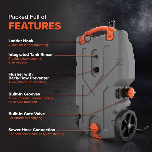 Camco Rhino 28-Gallon Portable Camper/RV Tote Tank | Features 2 Steerable No-Flat Front Wheels & Built-In Gate Valve | Includes Removable 24" Tow Bar, 3’ Sewer Hose & More RV Accessories (39005)