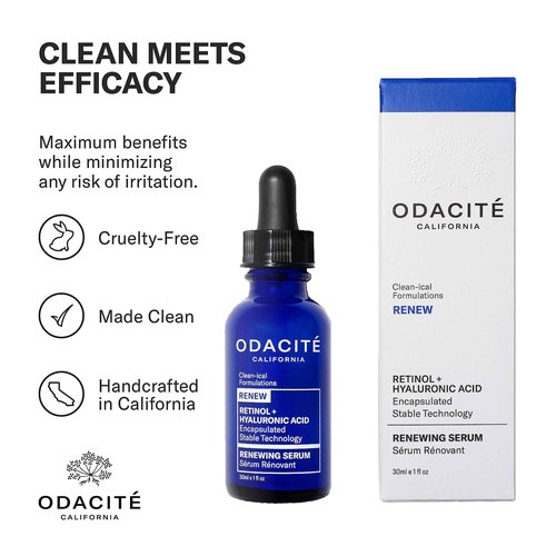 Odacite Renewing Retinol & Hyaluronic Acid Facial Serum - Anti-Aging Face Serum Targets Fine lines, Blemishes & Wrinkles - Squalane, Vitamin E & Rose Floral Water for Smooth Skin - 1 Fl Oz