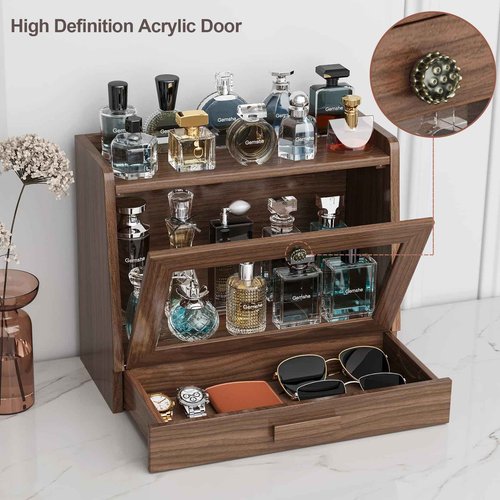 Cologne Organizer for Men,Cologne Stand with Acrylic Door,Large Capacity Ash Wood Cologne Holder Perfume Shelf with Desk & Nightstand Organizer,Mens Husband Birthday Gifts Ideas,Gifts for Men(Walnut)