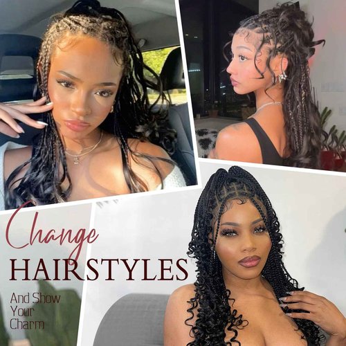 Kalyss 13x8 Hd Lace Front Knotless Braided Wigs for Black Women Box Braid Wig with Curly Ends with Baby Hair Premium Synthetic Braided Lace Front Wigs 24" Light Brown