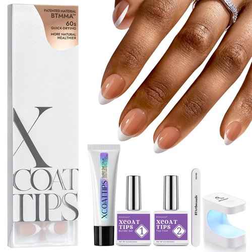BTArtboxnails French Gel Nail Tips - French Tip Press on Nails Brown Short Almond 3 in 1 X-coat Tips Pre-applied Tip Primer & Base Coat, No Need to File Fake Nails for Nail Art DIY
