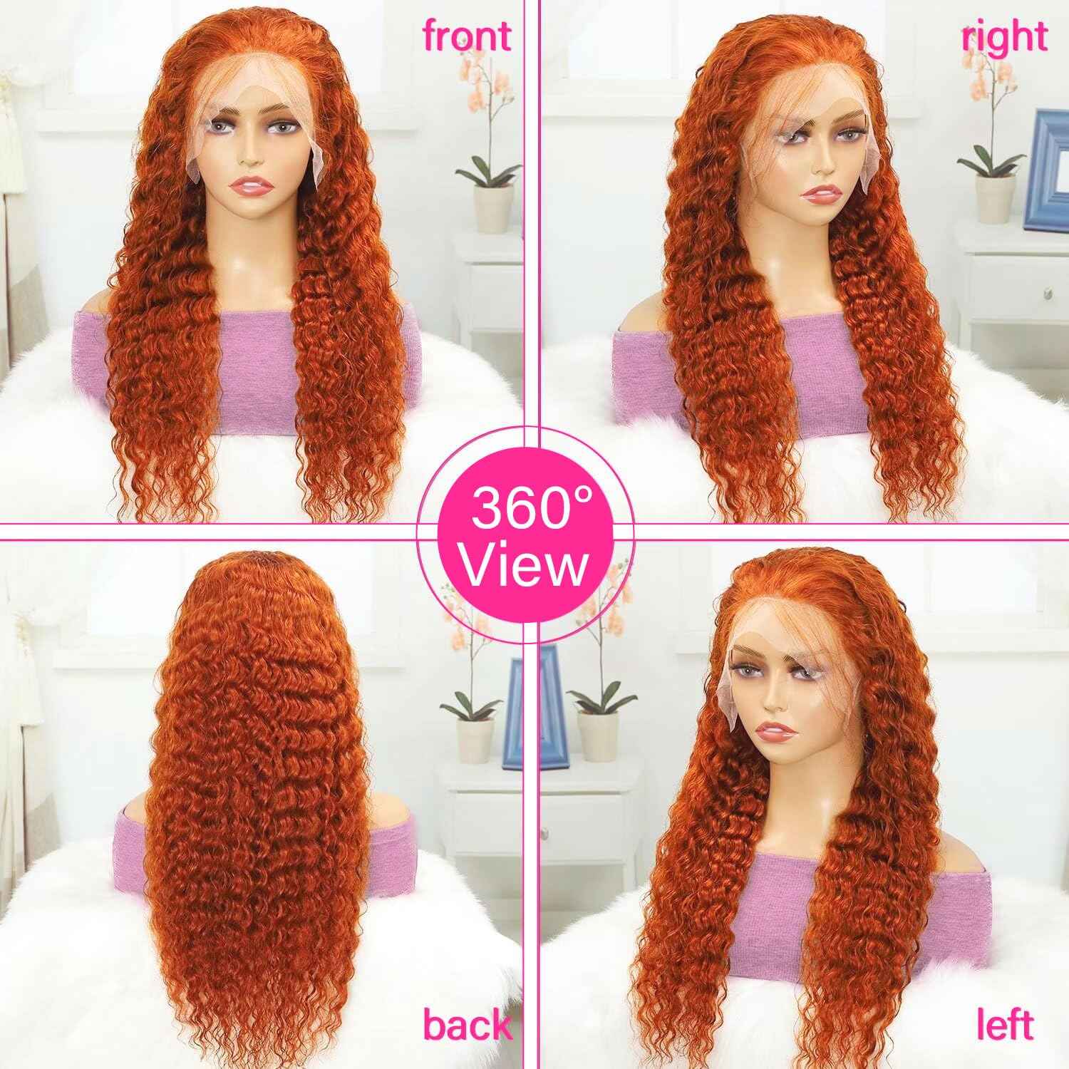 22 Inch Ginger Lace Front Wigs Human Hair Deep Wave 13x4 HD Transparent Full Lace Frontal Wig Human Hair for Women 180% Density 350# Orange Colored Glueless Deep Curly Wigs Human Hair Pre Plucked