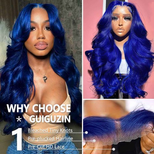 GUIGUZIN Blue Wear and Go Glueless Wigs Human Hair Pre Cut 9x6 Blue Body Wave HD Lace Front Wig Pre Plucked Colored Lace Closure Wigs for Women 22 Inch 180 Density