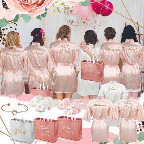 Shyyween 36 Pcs Bride Bridesmaid Robes Set of 6 Bridal Party Silk Satin Robes for Wedding Bachelorette Party Gifts(White,Pink)