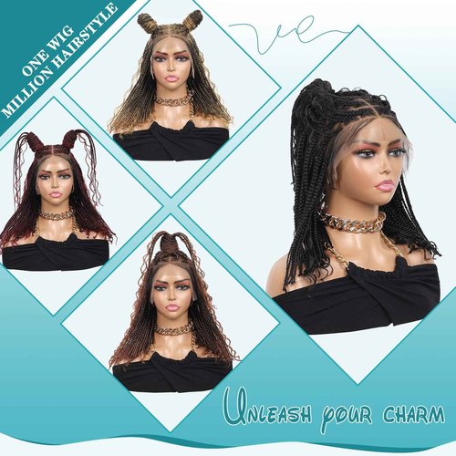 Kalyss 12inch 13x8 HD Lace Front Short Boho Braided Wigs for Women Full Lace Knotless Braided Wig with Bohemian Curly Box Braid Wig with Baby Hair Natural Black Premium Synthetic Braid Wigs
