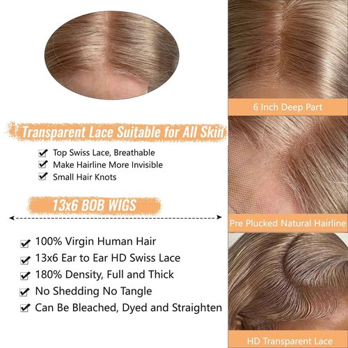 Munx 13x6 Bob Wig Human Hair for Black Women 180% Density Straight Glueless Bob Wig Bleached Knots Wear and Go Colored Free Part HD Transparent Real Human Hair Lace Front Wigs 12"